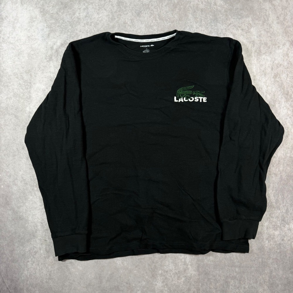 Lacoste Mens XXL Black Waffle Knit Thermal Long Sleeve Sleepwear Top Pullover